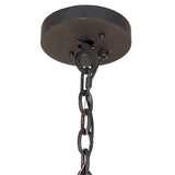 Ceiling canopy with round black canopy, chain, mounting hardware, and cord entry detail.