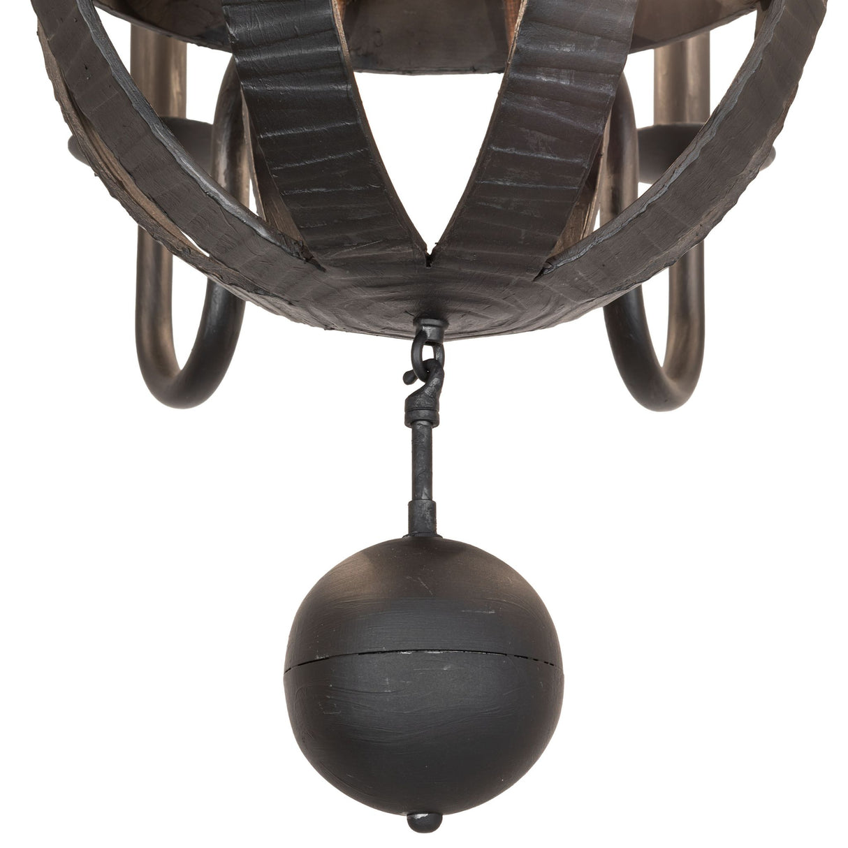 Closeup view of chandelier showing charred wood staves, metal bands, and orb finial detail.