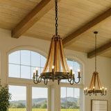 Barrel Stave Madera chandelier installed above dining table.