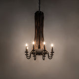 Rustic chandelier with candle-style lights illuminated and downlight turned off.