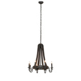 Full view of 8-light chandelier with chain suspension, rustic wood staves, and metal accents.