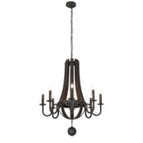 Full view of 8 light chandelier with rustic wood staves, curved metal arms, and hanging orb accent.
