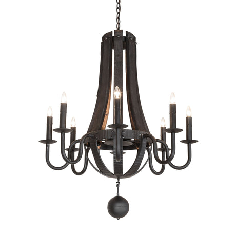 Lit view of chandelier with charred wood staves, black metal arms, and glowing candle bulbs.