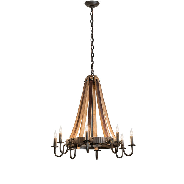 Lit view of Barrel Stave Madera 8-light chandelier with wood staves.