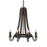 Side view of chandelier displaying curved metal arms and rustic wood stave construction.
