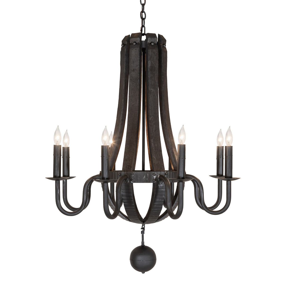 Side profile showing curved black metal arms, faux candle sockets, and layered charred wood construction.