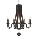 Side profile showing curved black metal arms, faux candle sockets, and layered charred wood construction.