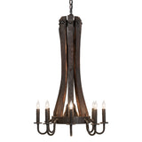 Side view emphasizing curved metal arms and wood stave column.