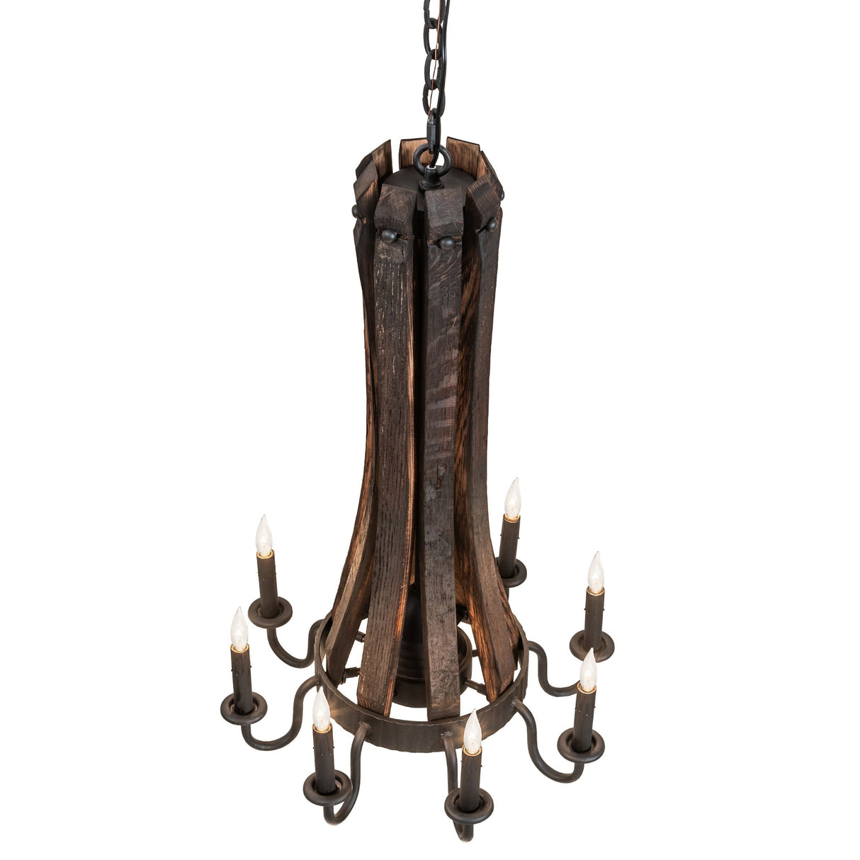 Top angle view highlighting vertical wood staves and metal banding.