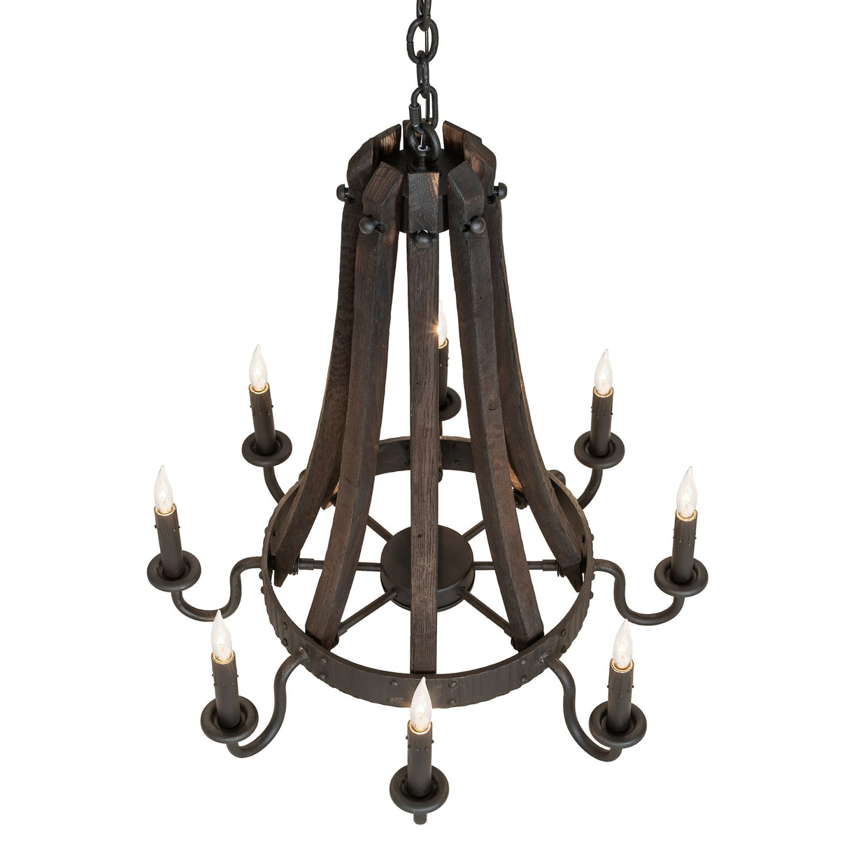 Top angle view of chandelier highlighting wood staves, metal hardware, and candle layout.
