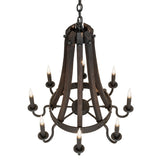 Top angle view of chandelier highlighting wood staves, metal hardware, and candle layout.