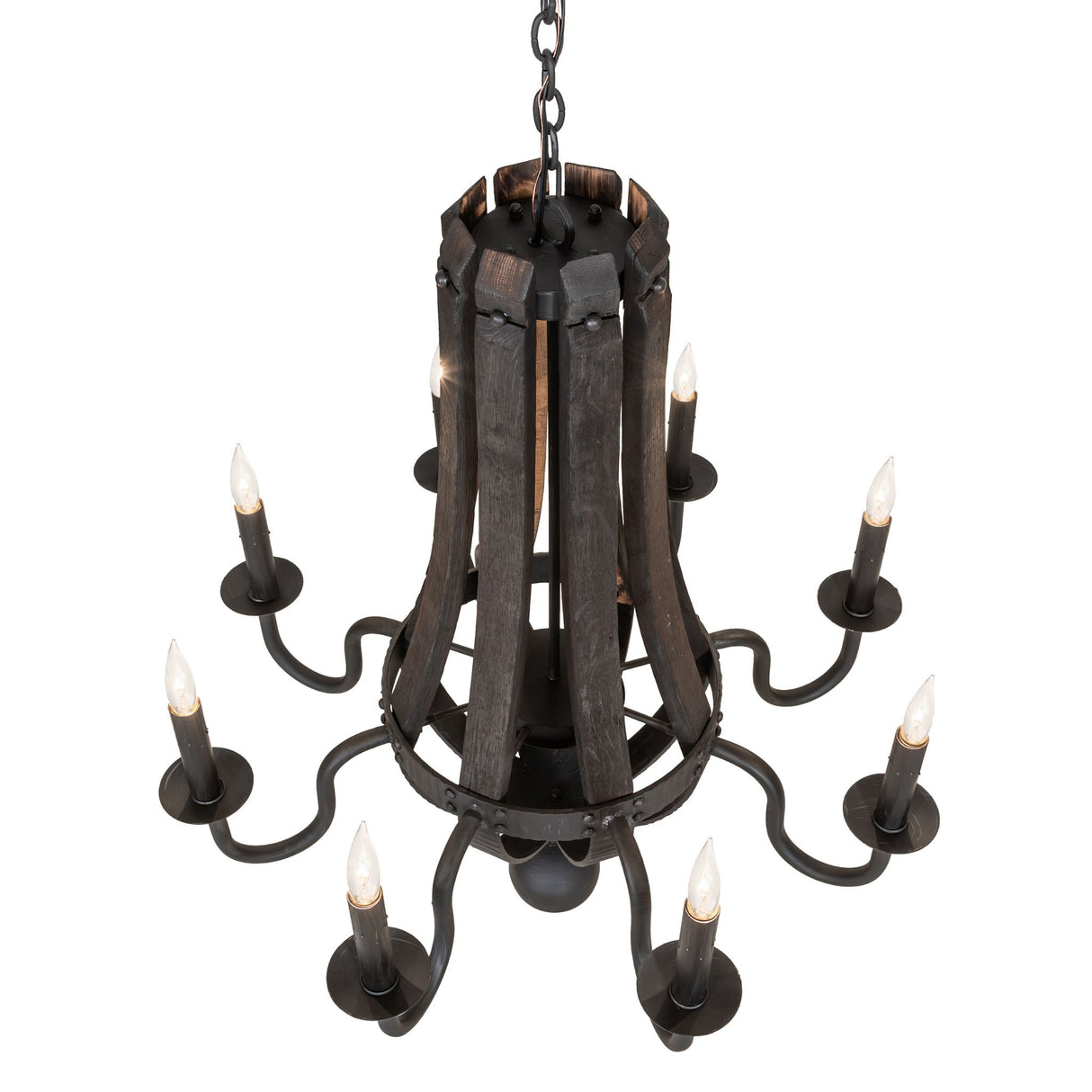 Top angle view staggered candle arms, wood stave structure, and chain suspension detail.