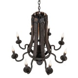 Top angle view staggered candle arms, wood stave structure, and chain suspension detail.