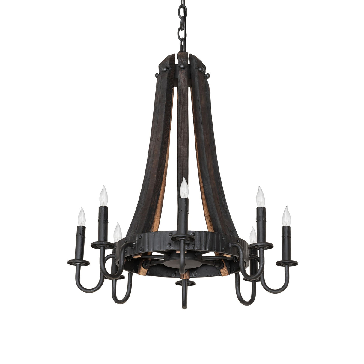 Unlit chandelier showcasing charred wood bands, metal hoop details, and candle-style sockets..