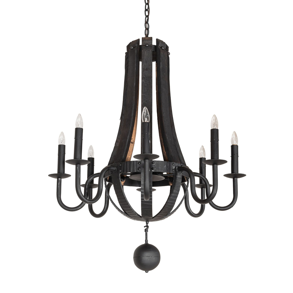 Unlit view of chandelier highlighting charred wood bands, curved metal arms, and orb accent.