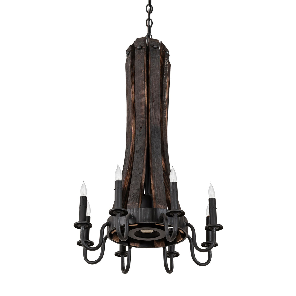Unlit view of chandelier showing vertical wood staves and black metal frame.