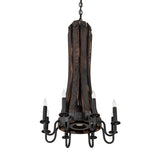 Unlit view of chandelier showing vertical wood staves and black metal frame.