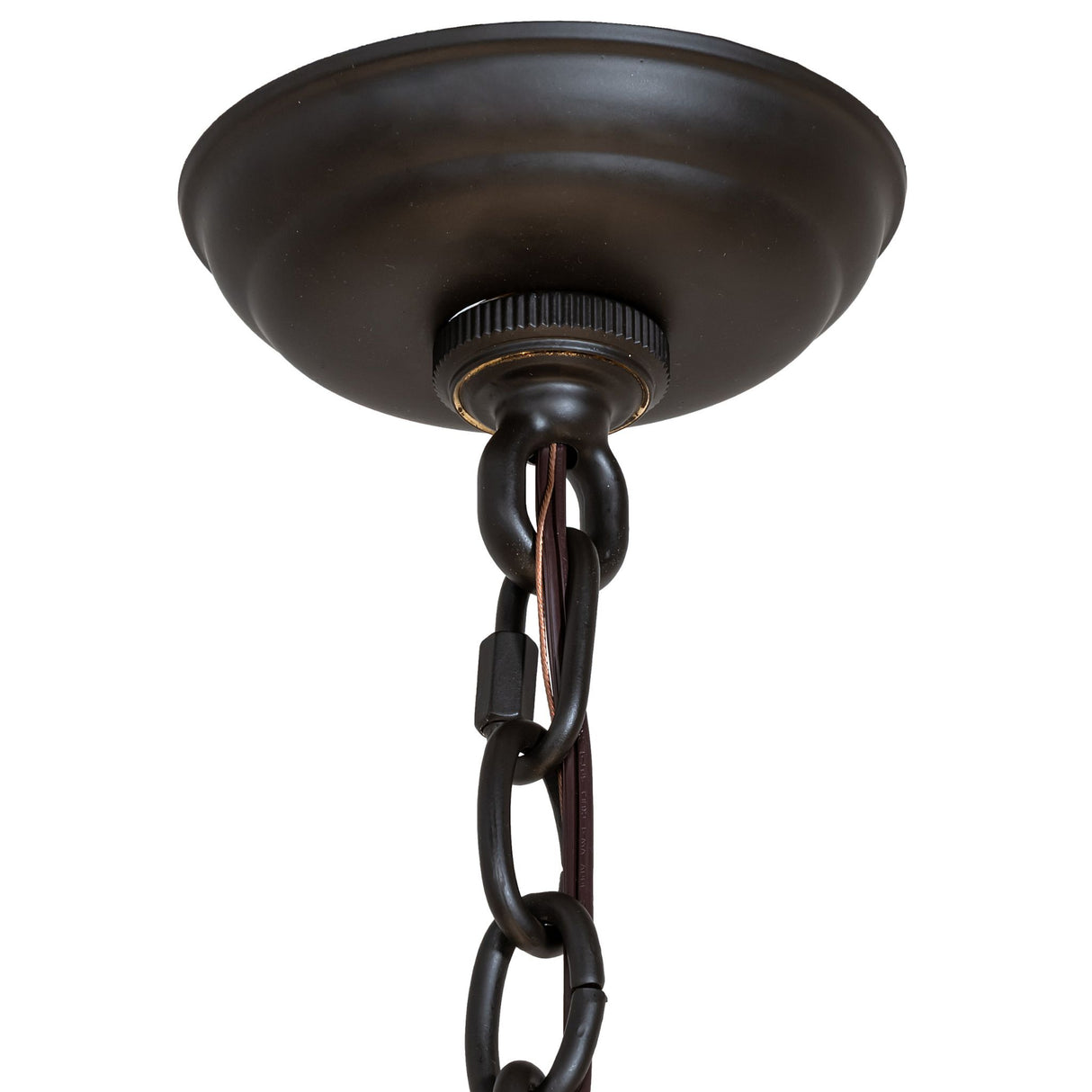 Ceiling canopy and hanging chain detail in dark metal finish.