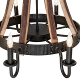 Detail of natural wood staves with dark metal hardware, lit view.