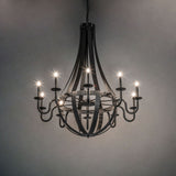 Ambient view of 10 light chandelier illuminated in a warm ambient interior setting.