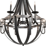 Close-up of curved metal arm and bobeche on the Barrel Stave Metallo chandelier.