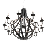 Bottom angle view of the chandelier with curved arms and circular frame.