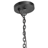 Closeup view of ceiling canopy and adjustable chain detail of the chandelier.