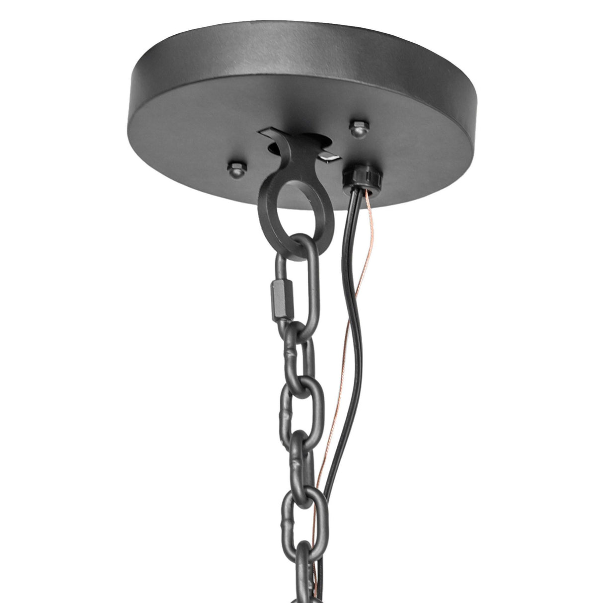 Close-up of ceiling canopy, chain, and mounting hardware.