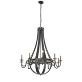 Full view of 10 light chandelier showing barrel-inspired metal bands and candle-style arms.