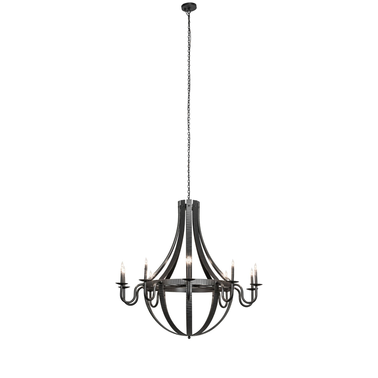Full view of the chandelier showing the hanging profile with chain and candle-style lights.