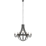 Full view of the chandelier showing the hanging profile with chain and candle-style lights.
