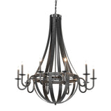 Lit view of 10 light chandelier showing illuminated candle-style lights and metal frame.