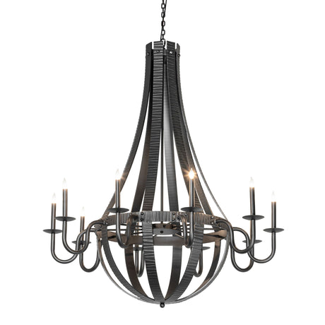 Lit view of 10 light chandelier showing illuminated candle-style lights and metal frame.