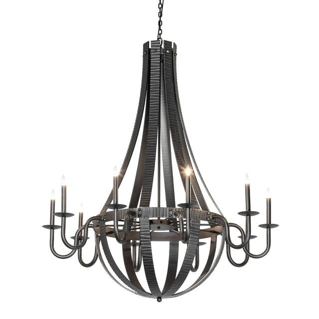Lit view of 10 light chandelier showing illuminated candle-style lights and metal frame.