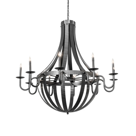 Lit view of the 10-light chandelier with warm candle-style illumination.