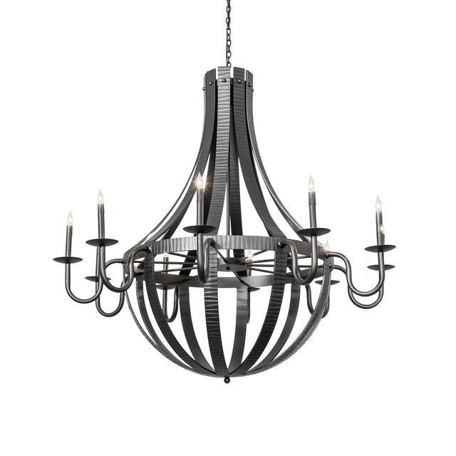 Lit view of the 10-light chandelier with warm candle-style illumination.