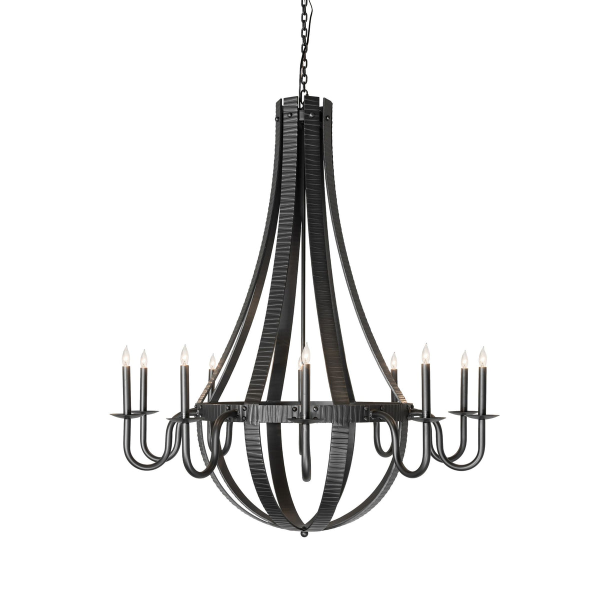 Side angle view of 10 light chandelier with curved candle arms.