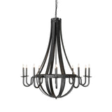 Side angle view of 10 light chandelier with curved candle arms.