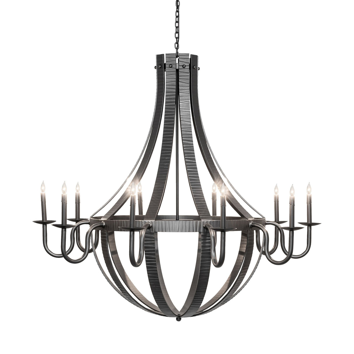Side view of the 10-light chandelier showing layered wrought iron bands.