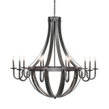 Side view of the 10-light chandelier showing layered wrought iron bands.