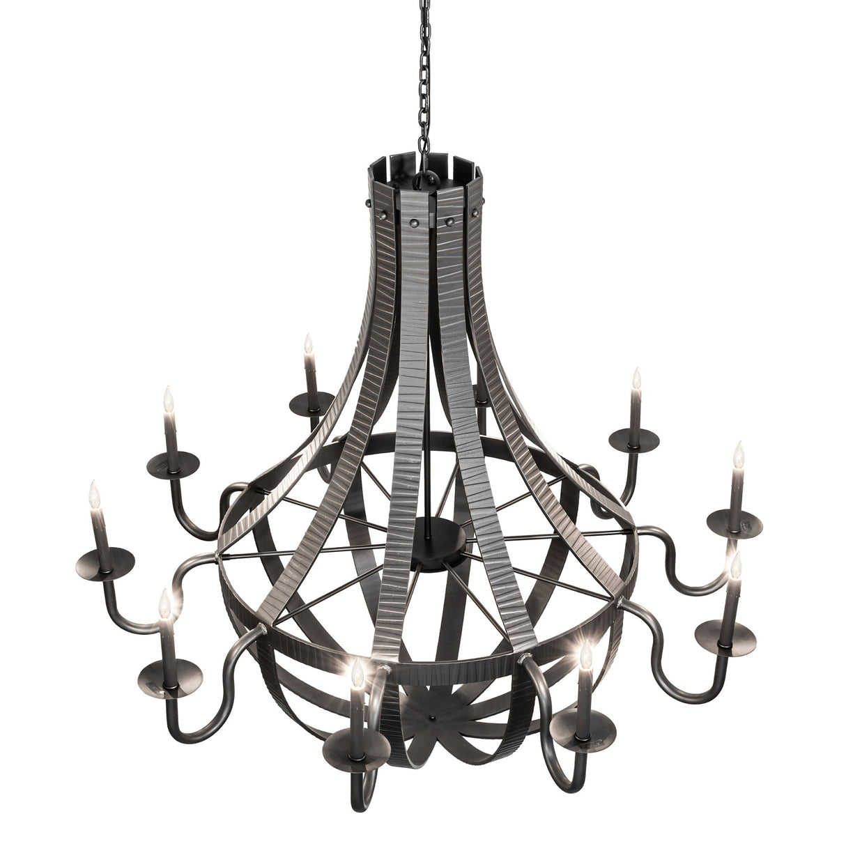 Top angle view of the chandelier showing upper stave construction.