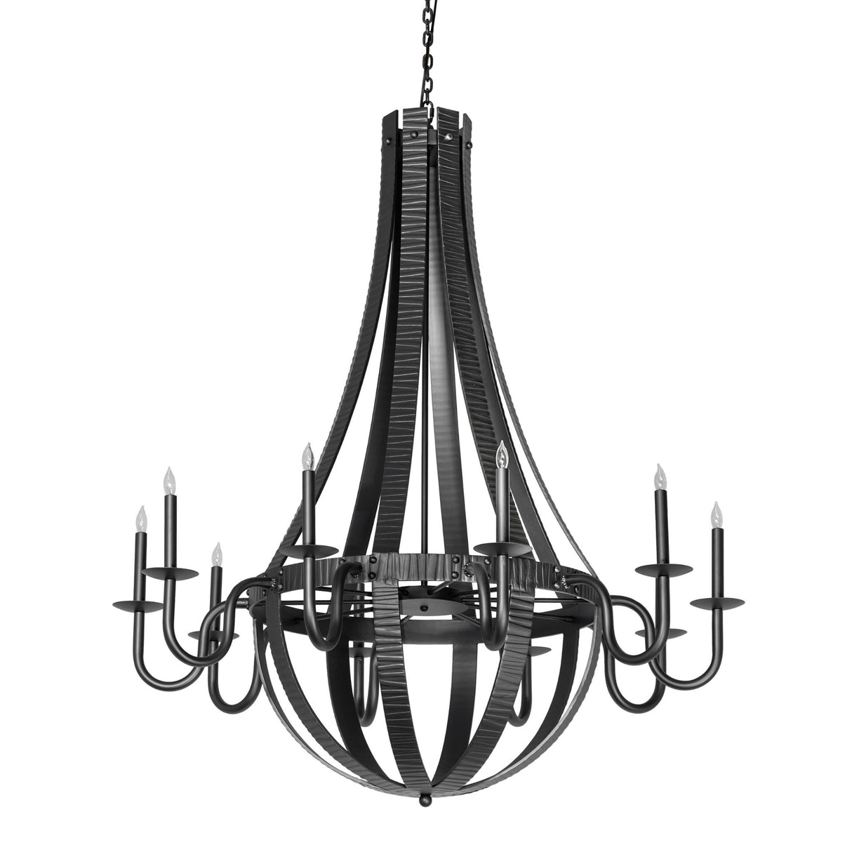 Unlit view of chandelier highlighting hammered bands and wrought iron arms.