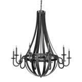 Unlit view of chandelier highlighting hammered bands and wrought iron arms.