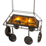 Angled view of Bear at Lake pot rack with illuminated mica panels.
