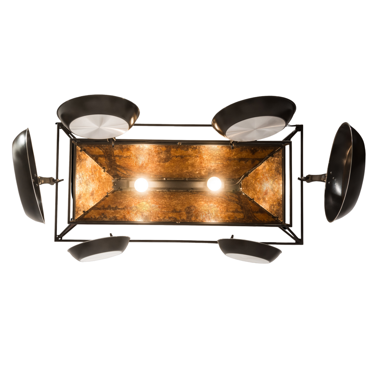 Bottom view of Bear at Lake lighted pot rack showing two light bulbs.