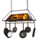 Front view of Bear at Lake lighted pot rack with amber mica panels.
