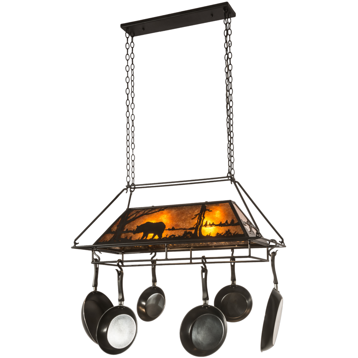 Hanging view of Bear at Lake lighted pot rack glowing with amber light.