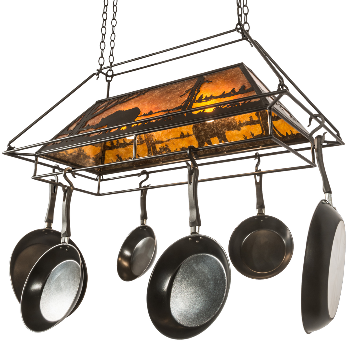 Side view of Bear at Lake lighted pot rack showing forest design