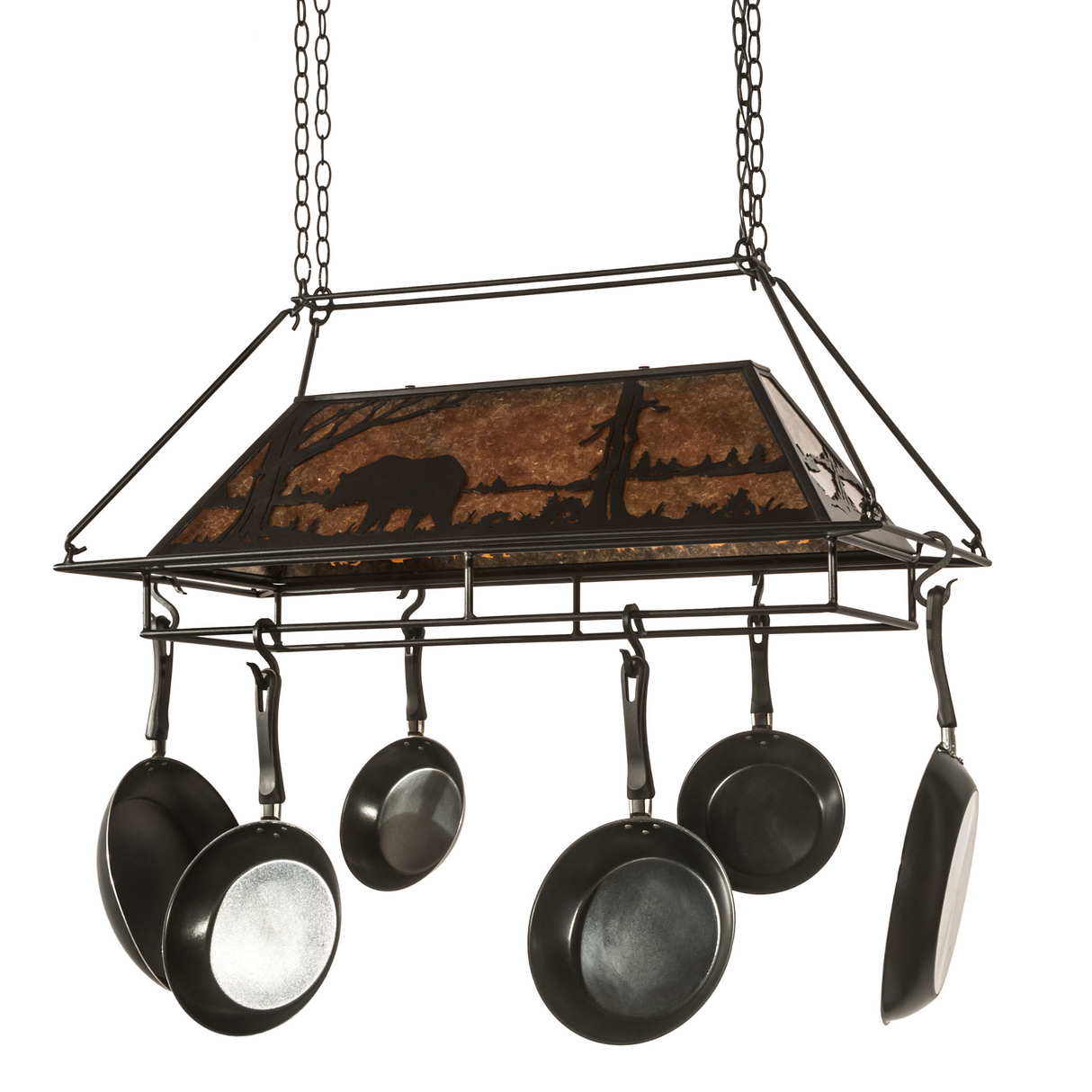Rustic Bear at Lake lighted pot rack shown unlit.
