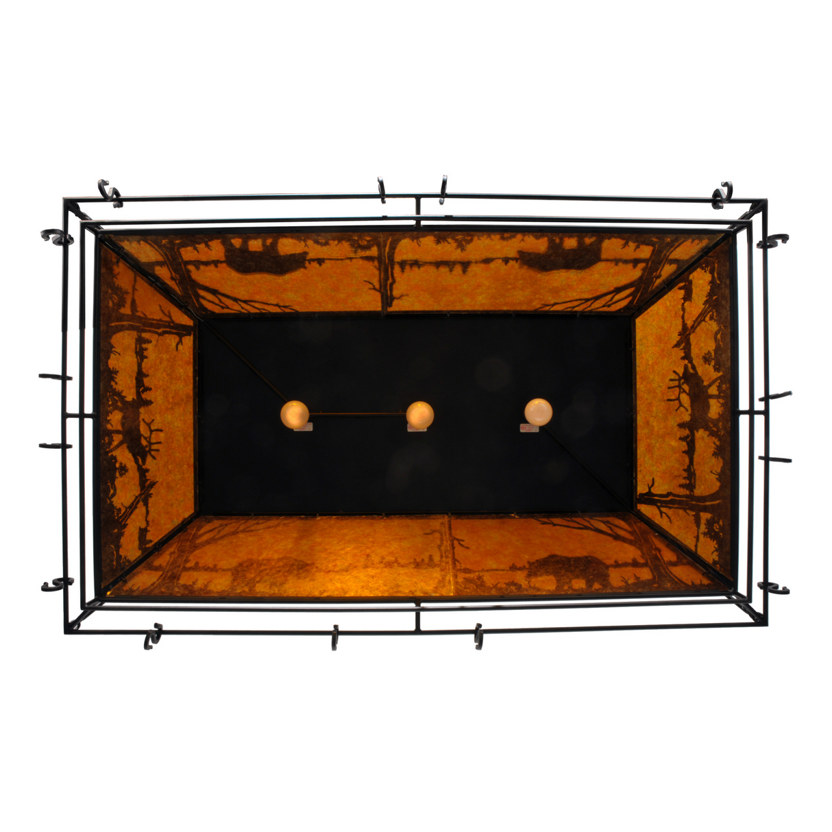 Bottom view of Bear at Lake pot rack showing interior bulbs.